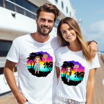 Personalized Cartoon Beach Sunset Palm Tree 100% Cotton Unisex T-Shirt with Birth Flower and Name Summer Holiday Beach Party Gift for Women Men