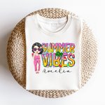 Personalized Summer Vibes Colourful Letter Cartoon 100% Cotton T-shirt with Name Beach Party Vacation Gift for Girls Women