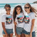 Personalized Cartoon Summertime Beach Sunset Palm Tree 100% Cotton T-shirt with Name Vacation Party Gift for Girls Women