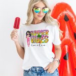 Personalized Summer Vibes Colourful Letter Cartoon 100% Cotton T-shirt with Name Beach Party Vacation Gift for Girls Women
