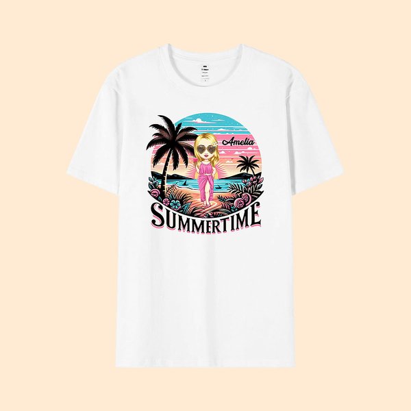 Maglietta personalizzata Cartoon Summertime Beach Sunset Palm Tree 100% cotone con nome Regalo di festa per ragazze e donne