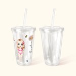 Personalized Cartoon Women Birth Flower 16oz Acrylic Insulated Tumbler with Name Lid and Straw Beach Vacation Wedding Party Gift for Her