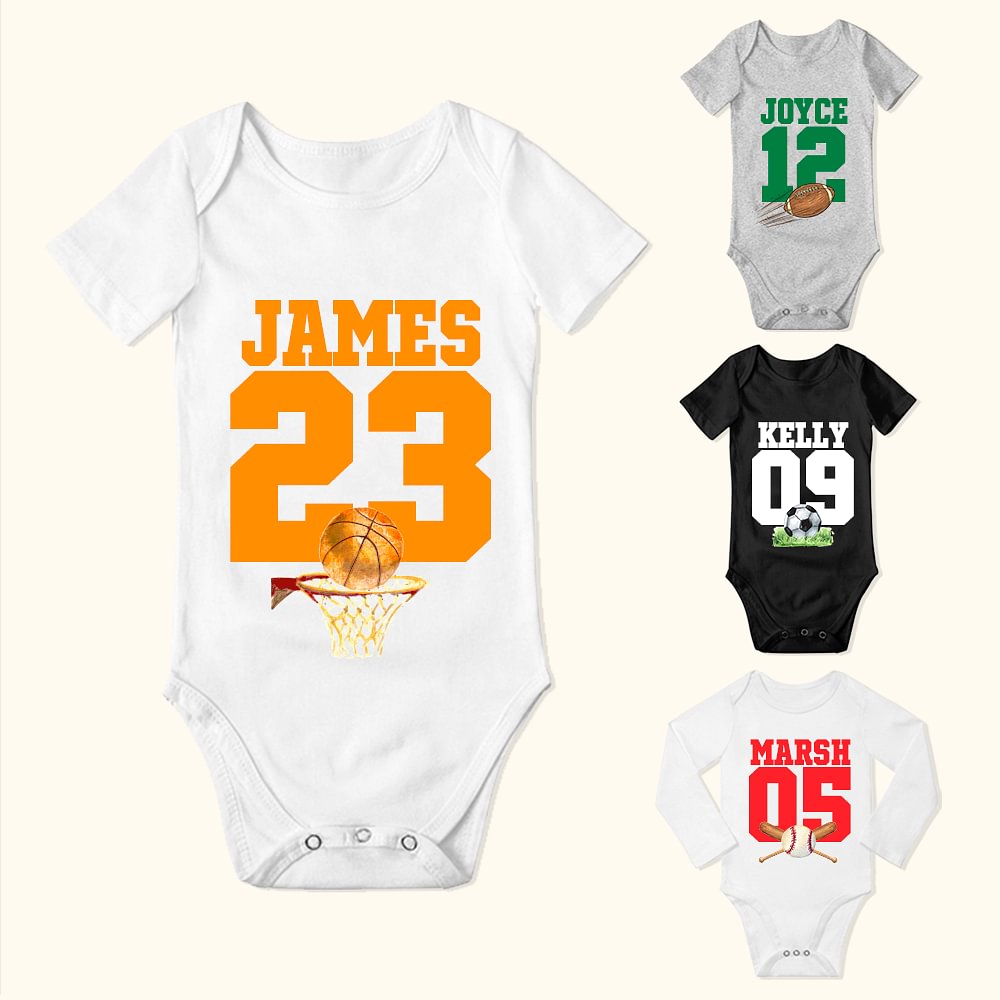 Onesie de Bébé en Coton Personnalisé avec Nom et Numéro Motif Balle de Sport Cadeau Anniversaire pour Nouveau-Né