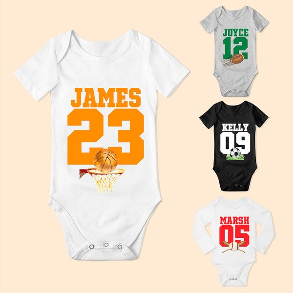 Personalised Football Basketball Sport Theme 100% Cotton Game Day Baby Bodysuit with Name and Number Birthday Baby Shower Gift for Newborns