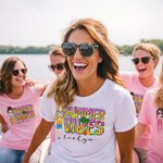 Personalized Summer Vibes Colourful Letter Cartoon 100% Cotton T-shirt with Name Beach Party Vacation Gift for Girls Women