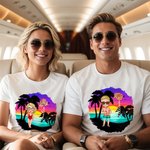 Personalized Cartoon Beach Sunset Palm Tree 100% Cotton Unisex T-Shirt with Birth Flower and Name Summer Holiday Beach Party Gift for Women Men