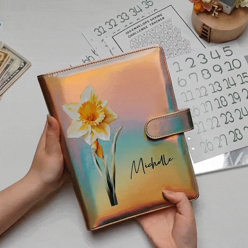 Personalized Multicolour Birth Flower 100 Envelopes Money Saving Challenge A5 Binder with Name Birthday Budget Accessories Gift for Family