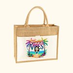 Personalized Summer Vibes Cartoon Character Large Jute Tote Bag with Name and Cotton Pocket Beach Wedding Party Favor Gift for Women