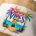 Personalized Summer Vibes Cartoon Character Large Jute Tote Bag with Name and Cotton Pocket Beach Wedding Party Favor Gift for Women