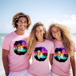 Personalized Cartoon Beach Sunset Palm Tree 100% Cotton Unisex T-Shirt with Birth Flower and Name Summer Holiday Beach Party Gift for Women Men