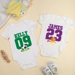 Personalized Football Basketball Sport Theme 100% Cotton Game Day Baby Bodysuit with Name and Number Birthday Baby Shower Gift for Newborns
