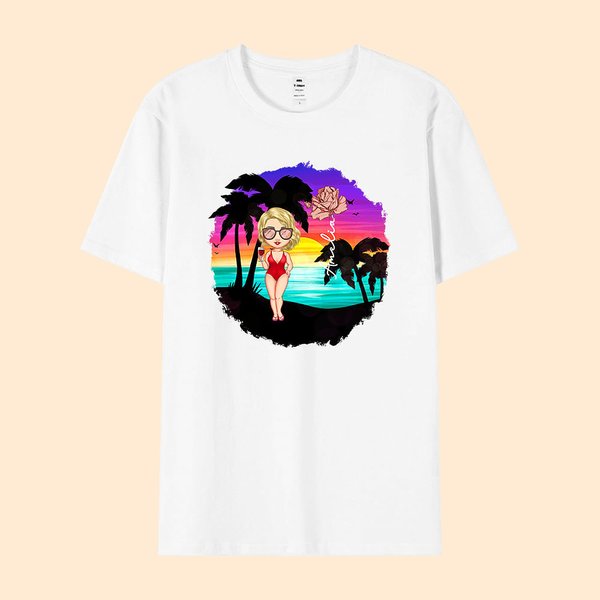 Personalisierte Cartoon Strand Sonnenuntergang Palme 100% Baumwolle Unisex T-Shirt mit Geburt Blume und Name Sommer Urlaub Strand Party Geschenk für F