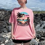Personalized Cartoon Summertime Beach Sunset Palm Tree 100% Cotton T-shirt with Name Vacation Party Gift for Girls Women