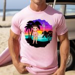 Personalized Cartoon Beach Sunset Palm Tree 100% Cotton Unisex T-Shirt with Birth Flower and Name Summer Holiday Beach Party Gift for Women Men