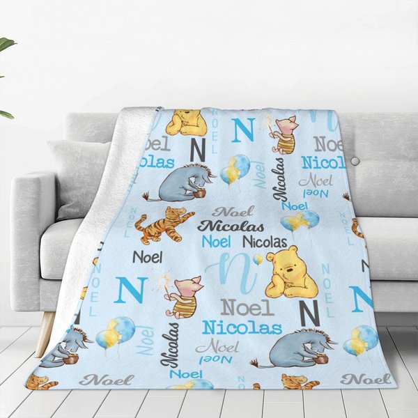 Personalized Cute Classic Winnie the Pooh Theme Soft Fleece Throw Blanket with Initial and Name for Baby Shower Children's Day Gift for Baby Kids