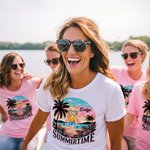 Personalized Cartoon Summertime Beach Sunset Palm Tree 100% Cotton T-shirt with Name Vacation Party Gift for Girls Women