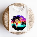 Personalized Cartoon Beach Sunset Palm Tree 100% Cotton Unisex T-Shirt with Birth Flower and Name Summer Holiday Beach Party Gift for Women Men