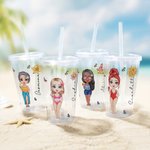 Personalized Cartoon Women Birth Flower 16oz Acrylic Insulated Tumbler with Name Lid and Straw Beach Vacation Wedding Party Gift for Her
