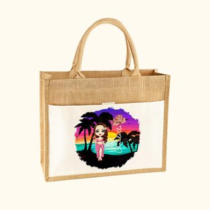 Personalised Summer Vibes Cartoon Character Birth Flower Large Tote Bag with Name and Cotton Pocket Beach Party Favor Gift for Women