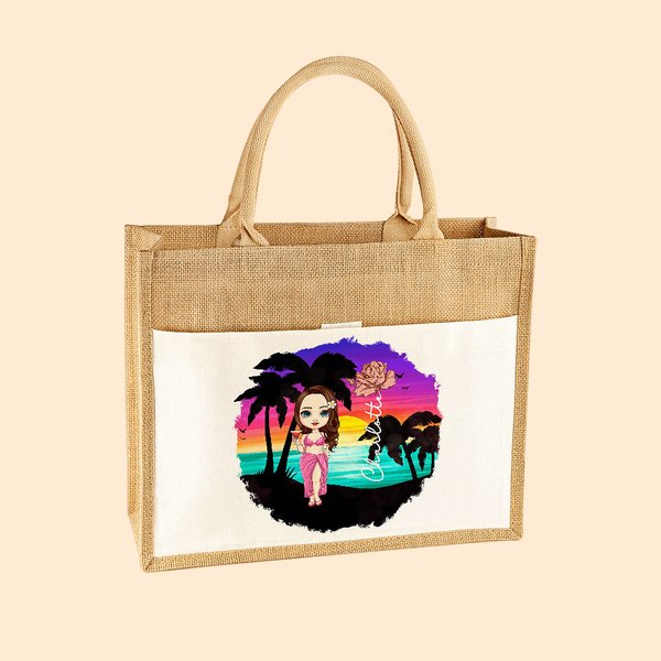 Sac Tote Personnalisé avec Personnage Fleur de Naissance et Nom Thème d'Été Sac avec Poche en Coton Cadeau Fête à la Plage pour Femme