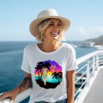 Personalized Cartoon Beach Sunset Palm Tree 100% Cotton Unisex T-Shirt with Birth Flower and Name Summer Holiday Beach Party Gift for Women Men