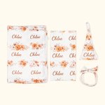 Personalized Cute Peach Floral Name Baby Girl Soft Swaddle Blanket Set with Hat and Headband Baby Shower Coming Home Gift for Newborn