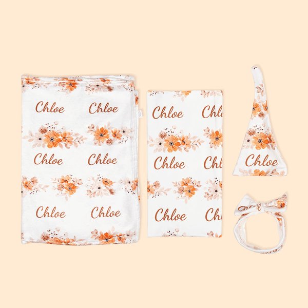 Personalized Cute Peach Floral Name Baby Girl Soft Swaddle Blanket Set with Hat and Headband Baby Shower Coming Home Gift for Newborn