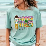 Personalized Summer Vibes Colourful Letter Cartoon 100% Cotton T-shirt with Name Beach Party Vacation Gift for Girls Women