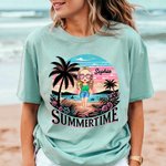 Personalized Cartoon Summertime Beach Sunset Palm Tree 100% Cotton T-shirt with Name Vacation Party Gift for Girls Women