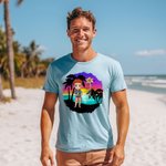 Personalized Cartoon Beach Sunset Palm Tree 100% Cotton Unisex T-Shirt with Birth Flower and Name Summer Holiday Beach Party Gift for Women Men