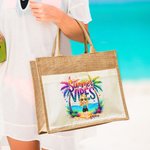 Personalized Summer Vibes Cartoon Character Large Jute Tote Bag with Name and Cotton Pocket Beach Wedding Party Favor Gift for Women