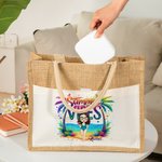 Personalized Summer Vibes Cartoon Character Large Jute Tote Bag with Name and Cotton Pocket Beach Wedding Party Favor Gift for Women