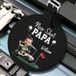Personalisierte Nice Shot Golf Foto Runde Leder Gepäckanhänger mit Namen und Built-in-Karte Geburtstag Reise Essentials Geschenk für Golf-Liebhaber