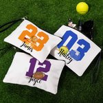 Personalized Baseball Football Baseball Sport Theme Linen Wristlet Makeup Bag with Number and Name Birthday Game Day Gift for Sport Lovers