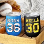Personalized Multicolour Softball Baseball 12oz Wine Tumbler with Name Number and Lid Birthday Sport Accessories Gift for Softball Baseball Lover