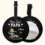 Personalisierte Nice Shot Golf Foto Runde Leder Gepäckanhänger mit Namen und Built-in-Karte Geburtstag Reise Essentials Geschenk für Golf-Liebhaber