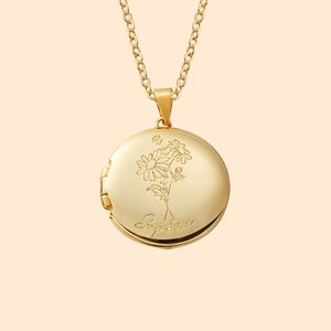 Personalised Birth Flower Photo Locket Necklace with Engraved Name Birthday Anniversary Gift for Women