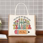 Personalized Cute Cartoon Apple Pencil Jute Tote Bag with Name Teacher's Day Appreciation Gift for Teacher