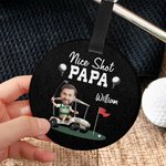 Personalisierte Nice Shot Golf Foto Runde Leder Gepäckanhänger mit Namen und Built-in-Karte Geburtstag Reise Essentials Geschenk für Golf-Liebhaber