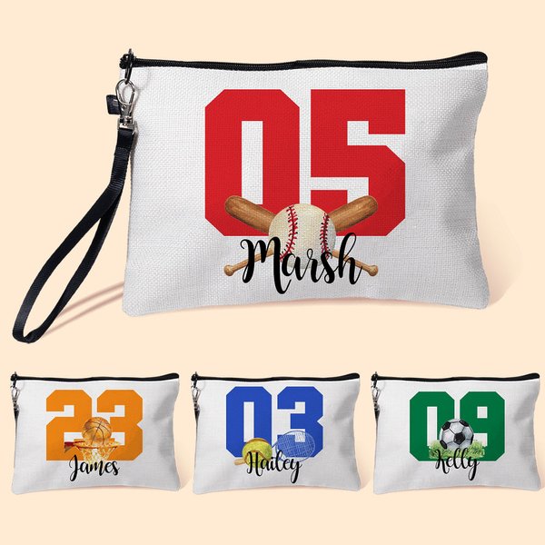 Personalizzato Baseball Football Baseball Sport Tema Lino Wristlet Makeup Bag con numero e nome Compleanno Gioco Regalo per gli amanti dello sport