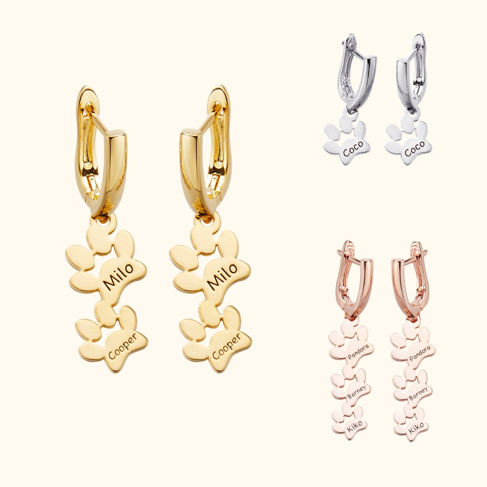 Boucles d'Oreilles Personnalisées avec Nom Gravé Breloques Pattes de Chien Cadeau Anniversaire pour Amoureux des Animaux de Compagnie