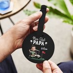 Personalisierte Nice Shot Golf Foto Runde Leder Gepäckanhänger mit Namen und Built-in-Karte Geburtstag Reise Essentials Geschenk für Golf-Liebhaber