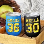 Personalized Multicolour Softball Baseball 12oz Wine Tumbler with Name Number and Lid Birthday Sport Accessories Gift for Softball Baseball Lover
