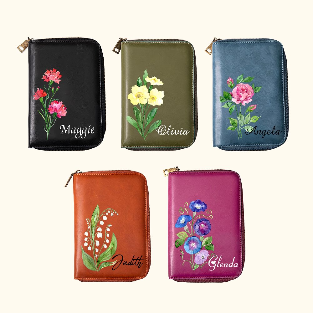 Poche de Cahier en Cuir Personnalisée avec Nom et Fleur de Naissance Carnet Offert Accessoires de Voyage Cadeau Anniversaire pour Amoureux du Voyage