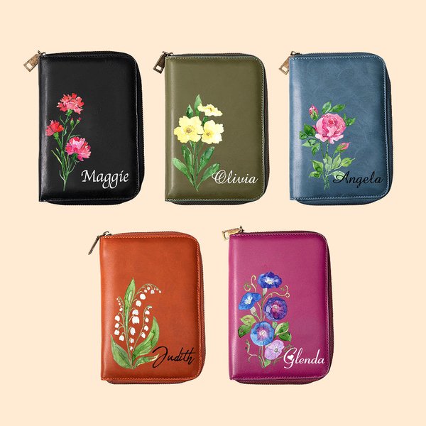 Personalized Watercolor Birth Flower Leather Notebook Organizer with Name and Notebook Travel Accessories Birthday Gift for Travel Lovers