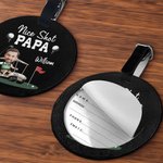 Personalisierte Nice Shot Golf Foto Runde Leder Gepäckanhänger mit Namen und Built-in-Karte Geburtstag Reise Essentials Geschenk für Golf-Liebhaber
