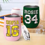 Personalized Multicolour Softball Baseball 12oz Wine Tumbler with Name Number and Lid Birthday Sport Accessories Gift for Softball Baseball Lover