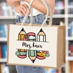 Personalized Cute Cartoon Apple Pencil Jute Tote Bag with Name Teacher's Day Appreciation Gift for Teacher