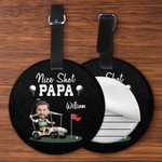 Personalisierte Nice Shot Golf Foto Runde Leder Gepäckanhänger mit Namen und Built-in-Karte Geburtstag Reise Essentials Geschenk für Golf-Liebhaber