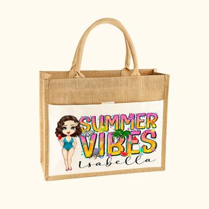 Personalised Cute Girl Summer Vibes Plant Jute Tote Bag with Name Holiday Beach Party Birthday Gift for Women